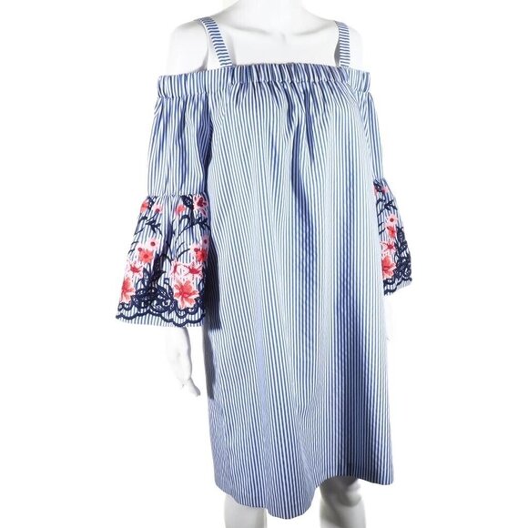 J Howard Dress Size 14 Striped Embroidered Bell Sleeve Blue White Red Beachy - Picture 1 of 9